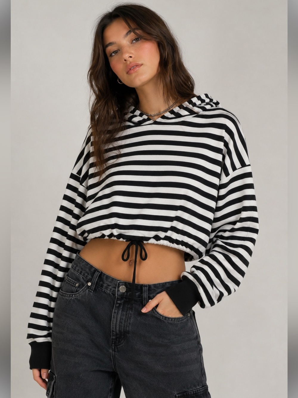 Hot Topic Black White Striped Cropped Hoodie Pullover Large XL Goth Y2K